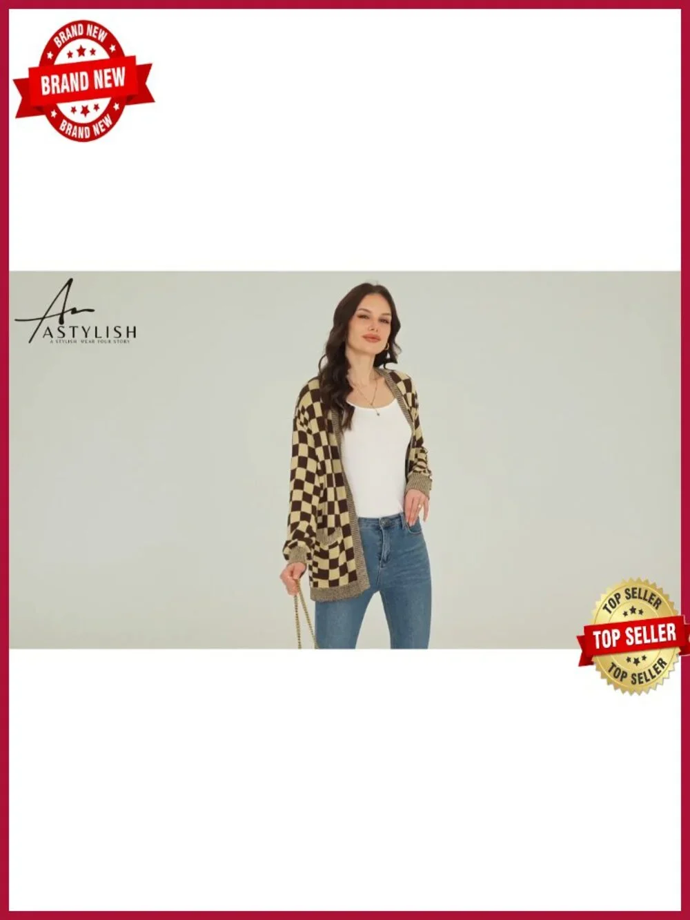 Chunky Knit Checkered Cardigan Sweater - Open Front with Pockets